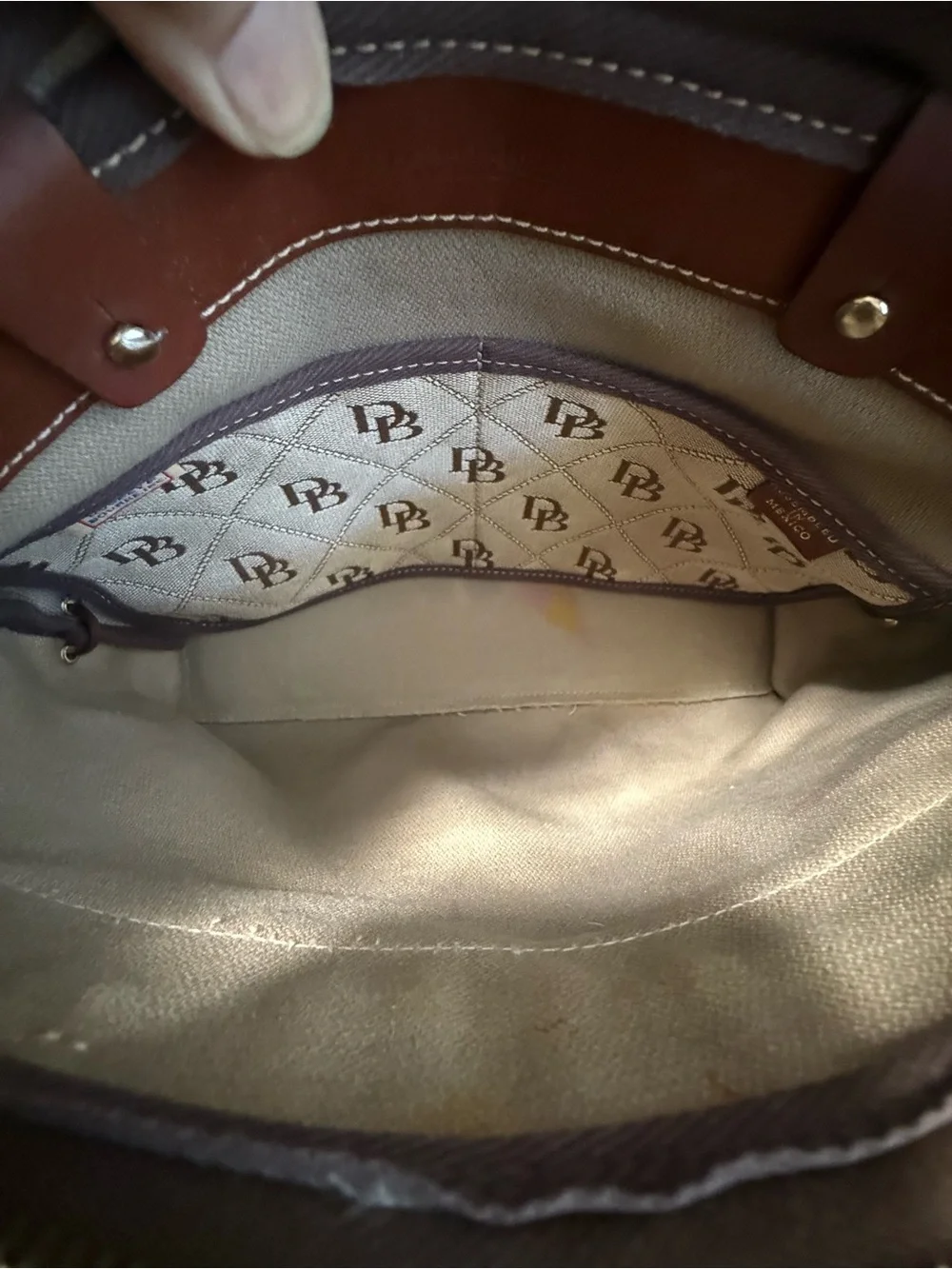 Dooney & Bourke Beige Monogram Quilted Tote with Brown Leather Trim